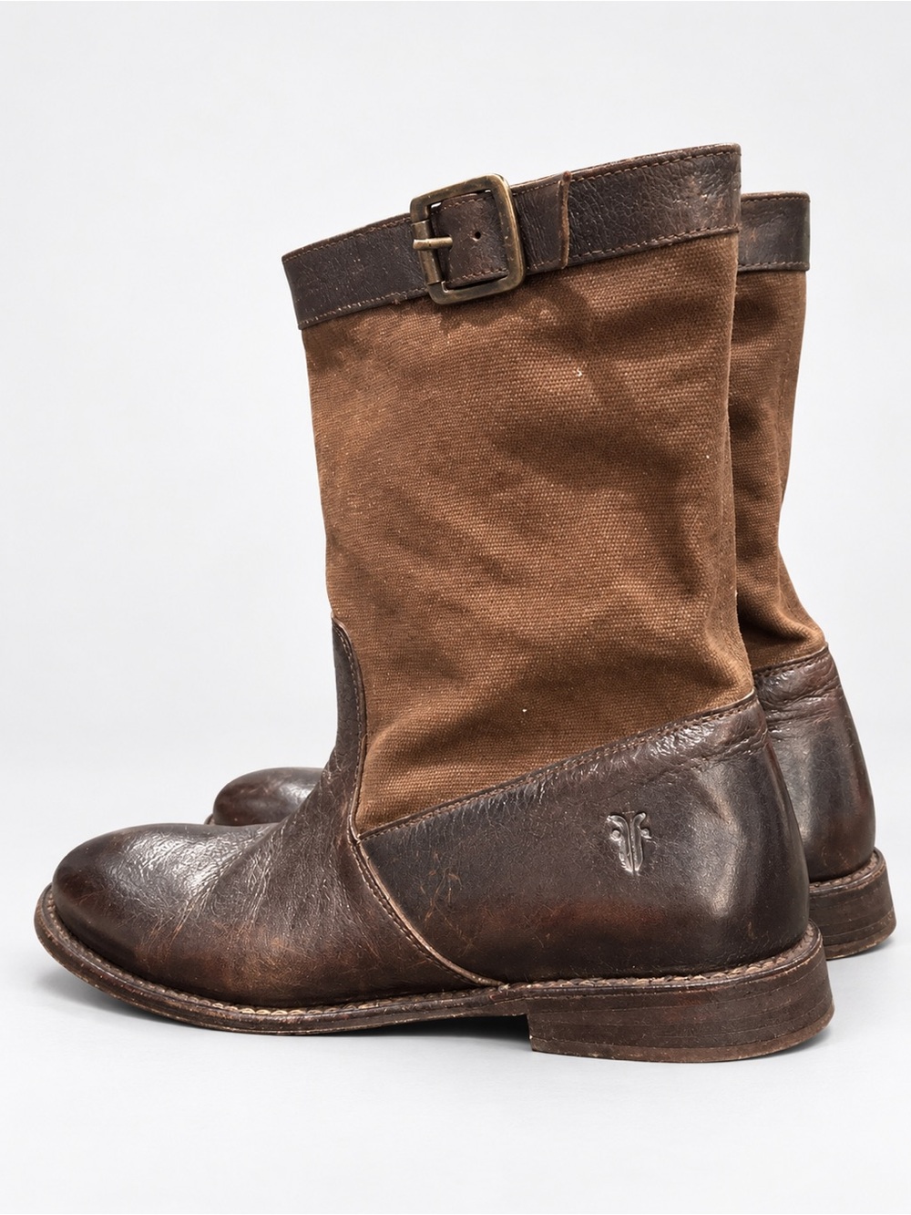 Frye 77249 Brown Leather Canvas Buckle Boots Women’s 9 B